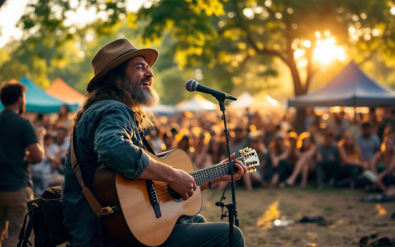 Un musicien jouant d'une guitare &eacute;cologique lors d'un festival en plein air, entour&eacute; de tentes color&eacute;es et d'une foule anim&eacute;e, sous un soleil &eacute;clatant filtrant &agrave; travers les arbres.