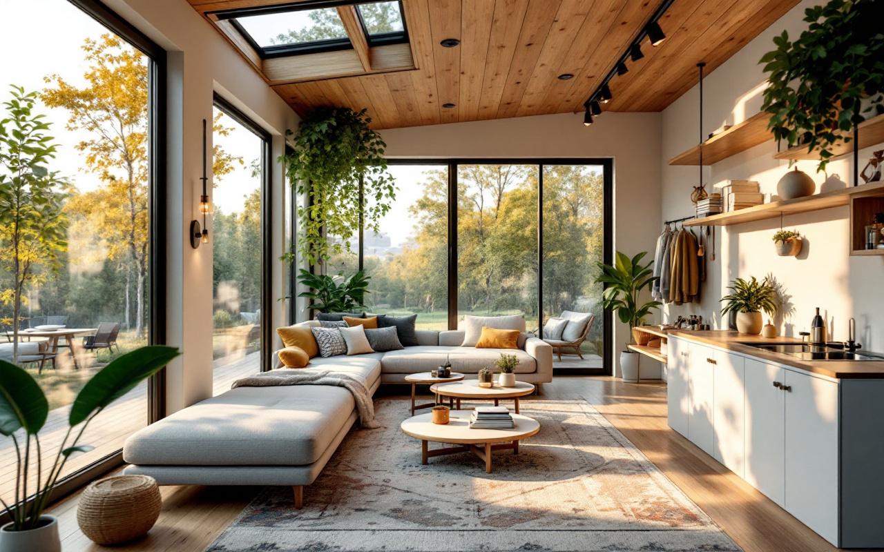 Vue int&eacute;rieure d'une maison container tendance avec de grandes fen&ecirc;tres, pr&eacute;sentant un design moderne et spacieux, baign&eacute; de lumi&egrave;re naturelle.