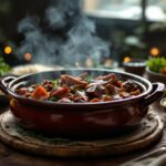 Cocotte en terre cuite mijotant une civet de sanglier, vapeur légère et ambiance chaleureuse de repas du dimanche sur une table en bois.