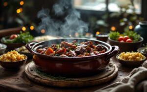 Cocotte en terre cuite mijotant une civet de sanglier, vapeur légère et ambiance chaleureuse de repas du dimanche sur une table en bois.