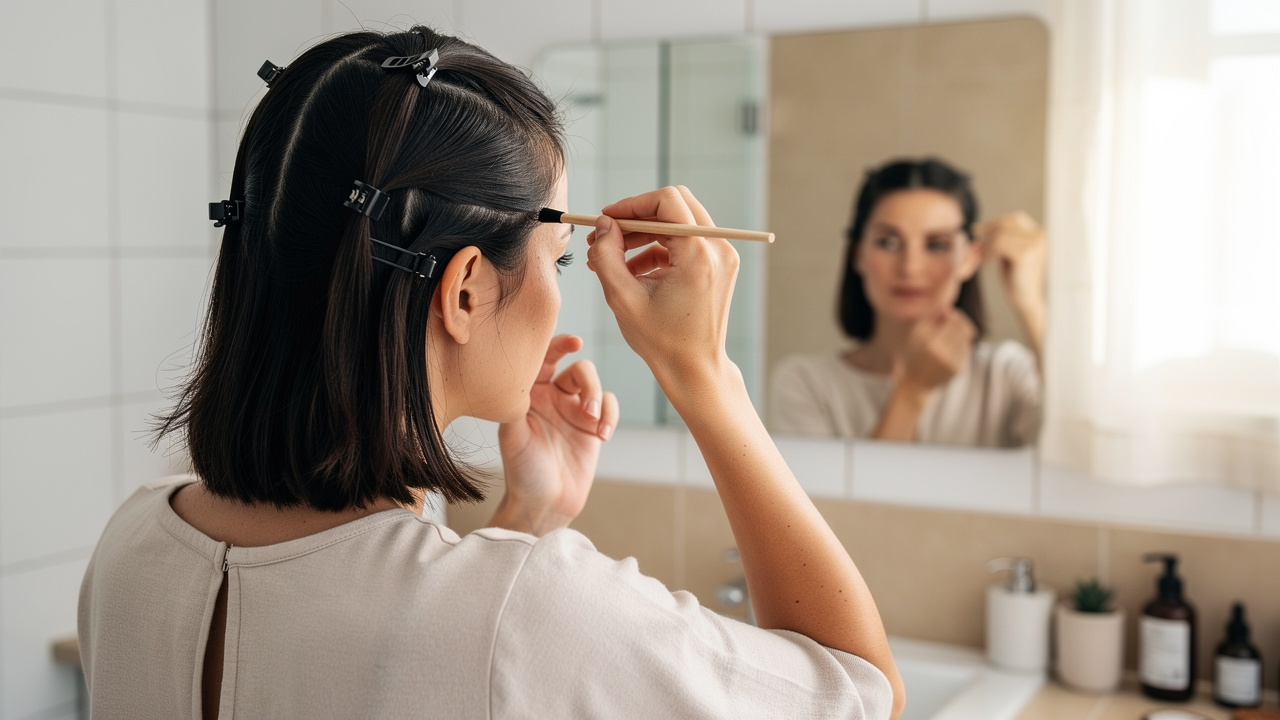 Une femme applique une coloration sur ses racines devant un miroir, les cheveux séparés en sections avec des pinces dans une salle de bain propre et lumineuse.