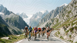 Peloton de cyclistes masculins gravissant une route étroite dans un col de haute montagne, avec des sommets rocheux, des glaciers et de discrètes courbes altimétriques abstraites dans le ciel.