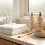 Salle de bains lumineuse avec brosses, serviettes blanches, flacons de soins capillaires sans étiquette et accessoires pour cheveux naturels.