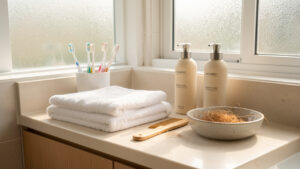 Salle de bains lumineuse avec brosses, serviettes blanches, flacons de soins capillaires sans étiquette et accessoires pour cheveux naturels.