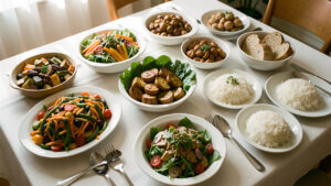 Buffet soigneusement organisé pour huit personnes avec plats variés, ustensiles individuels et ambiance accueillante, sans fruits à coque visibles.