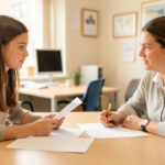 Une lycéenne échange calmement avec une conseillère scolaire au sujet de son parcours d’orientation dans un bureau lumineux.