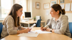 Une lycéenne échange calmement avec une conseillère scolaire au sujet de son parcours d’orientation dans un bureau lumineux.
