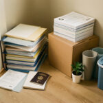 Dossiers et pochettes de documents vierges soigneusement rangés à côté de cartons de déménagement et de boîtes de rangement dans une entrée lumineuse.