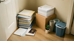 Dossiers et pochettes de documents vierges soigneusement rangés à côté de cartons de déménagement et de boîtes de rangement dans une entrée lumineuse.