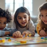 Des enfants jouent ensemble à un jeu de société éducatif autour d’une table.