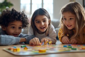 Des enfants jouent ensemble à un jeu de société éducatif autour d’une table.