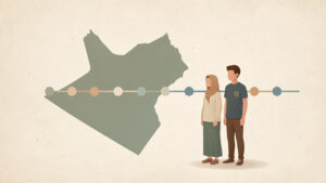 Illustration éditoriale sobre montrant une mère et son adolescent devant une représentation simplifiée de la carte du Yémen, accompagnée d’une frise chronologique abstraite aux couleurs douces.